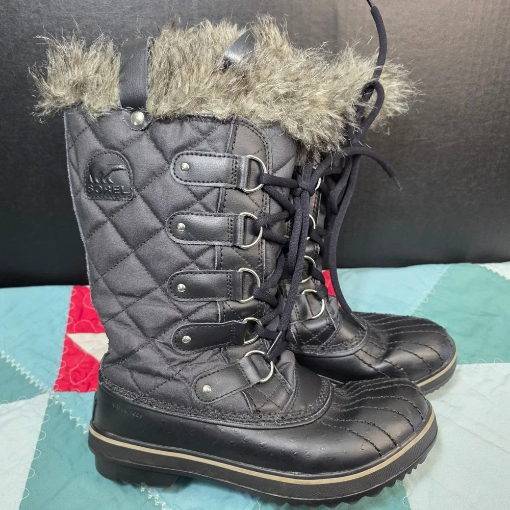 Sorel Tofino Winter Boots Womens 7.5 Black Waterproof Quilted Faux Fur Trim *SEE